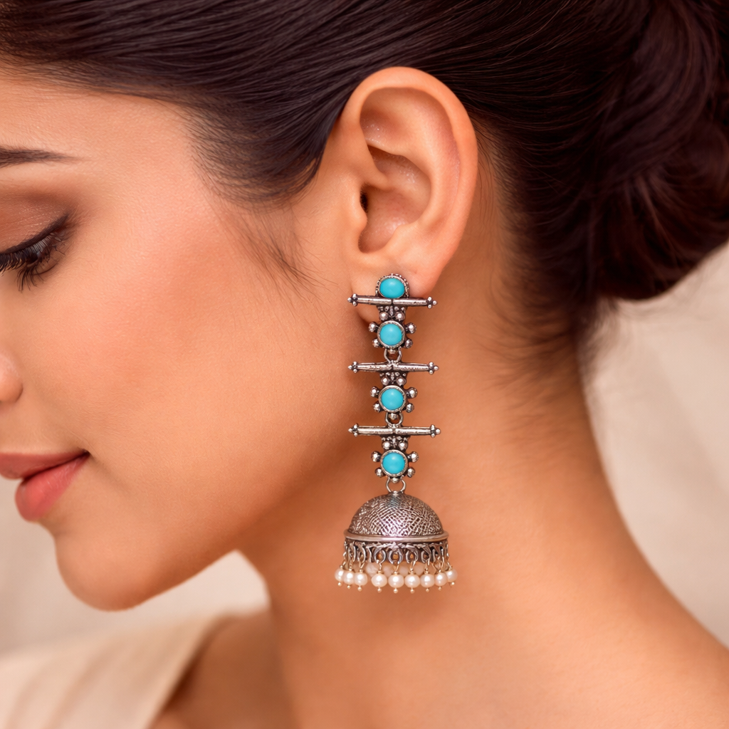 Dazzle Dash Jhumki earring (White)&Royal Triple Bell Layered Jhumka Earring (Sky Blue) Combo set