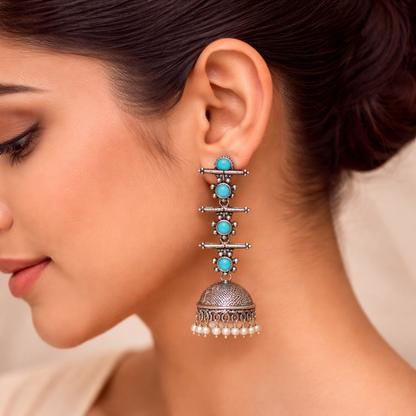 Dazzle Dash Jhumki earring (White)&Royal Triple Bell Layered Jhumka Earring (Sky Blue) Combo set