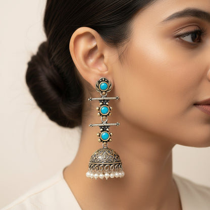 Royal Triple Bell Layered Jhumka Earring (Sky Blue)
