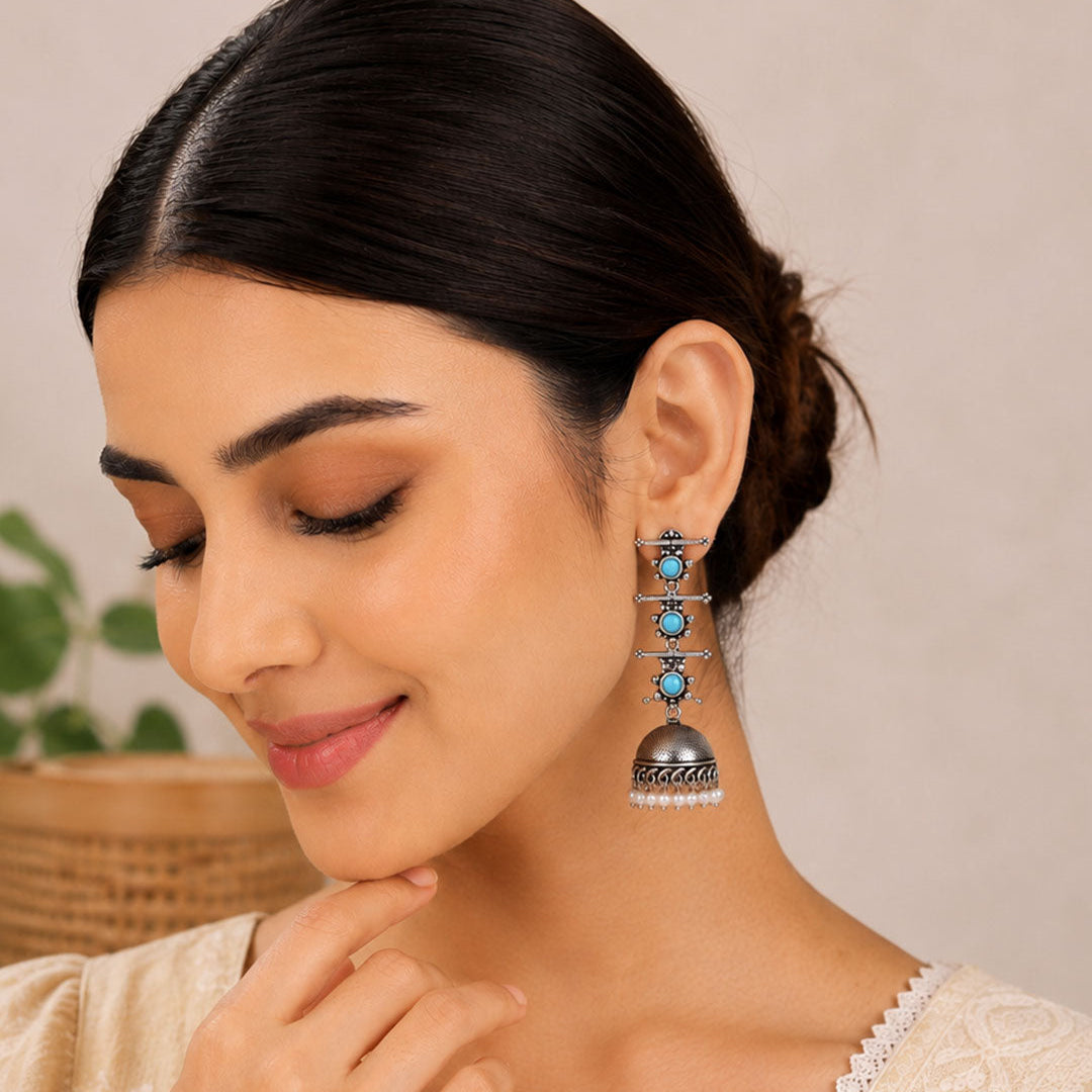 Dazzle Dash Jhumki earring (White)&Royal Triple Bell Layered Jhumka Earring (Sky Blue) Combo set