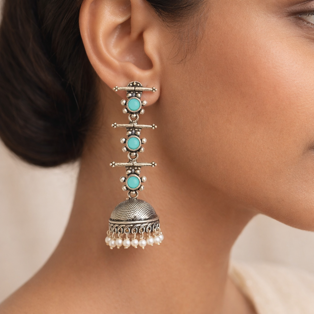 Royal Triple Bell Layered Jhumka Earring (Mint)