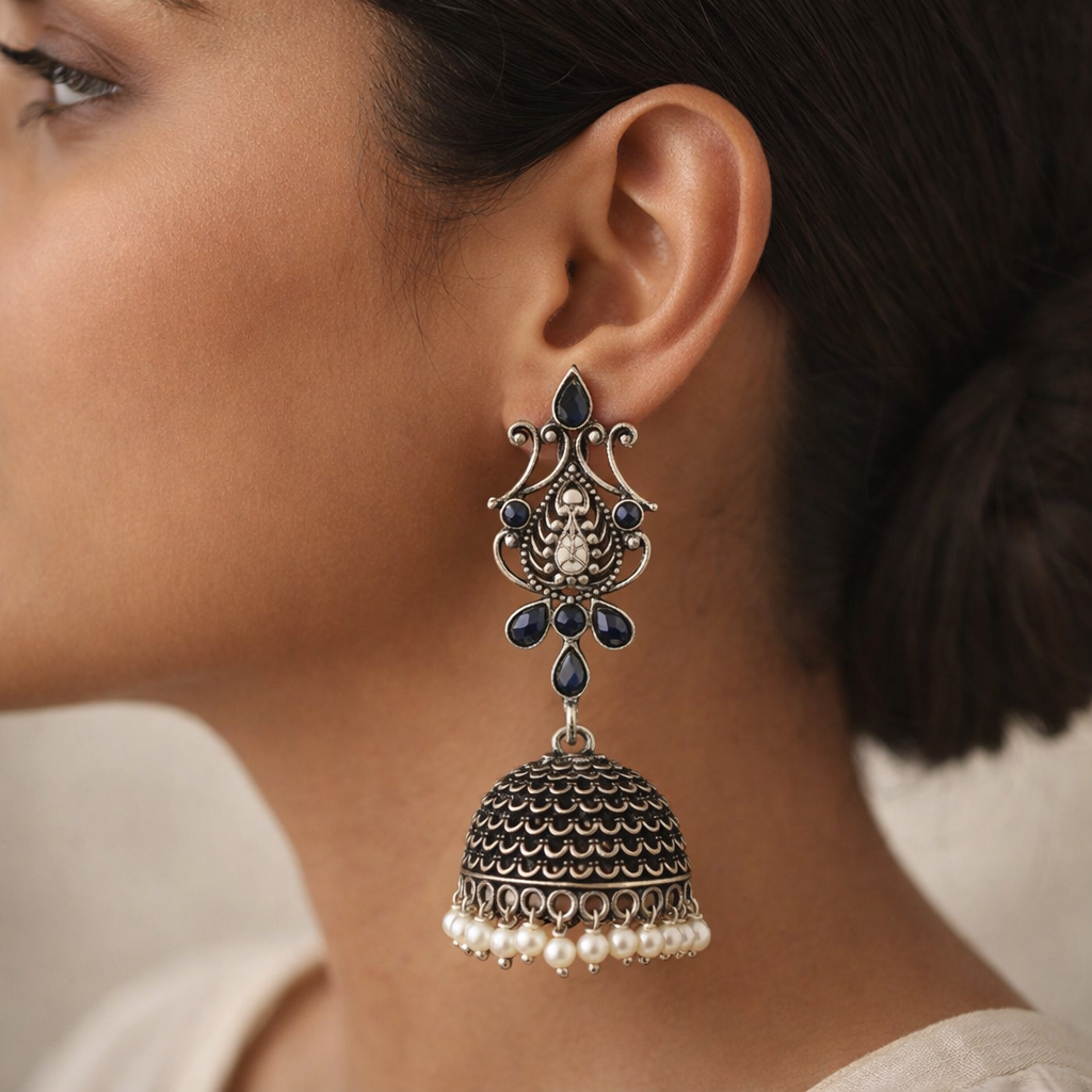 Carved Charm Dangler earrings &  Kalash Kamal Jhumka earring (Black) Combo set