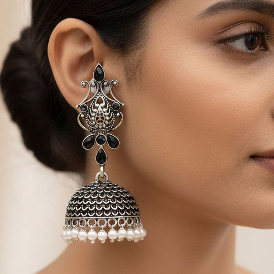 Peacock glow stone studded dangler earrings (White) Kalash Kamal earring (Black) Combo set