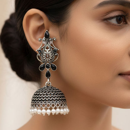 Peacock glow stone studded dangler earrings (White) Kalash Kamal earring (Black) Combo set