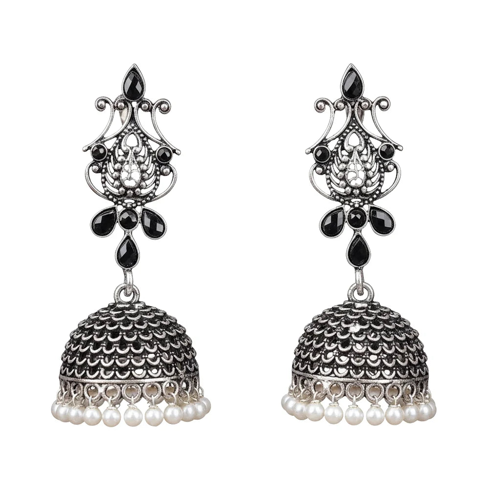 Peacock glow stone studded dangler earrings (White) Kalash Kamal earring (Black) Combo set