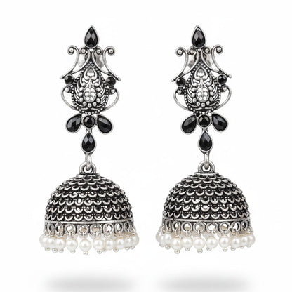 Peacock glow stone studded dangler earrings (White) Kalash Kamal earring (Black) Combo set
