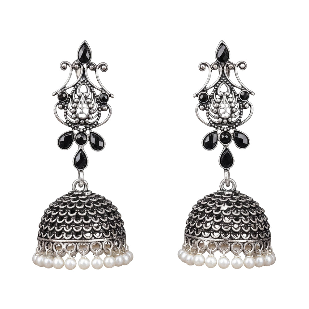 Royal Triple Bell Layered Jhumka Earring (Dark Maroon) Kalash Kamal earring (Black) Combo set