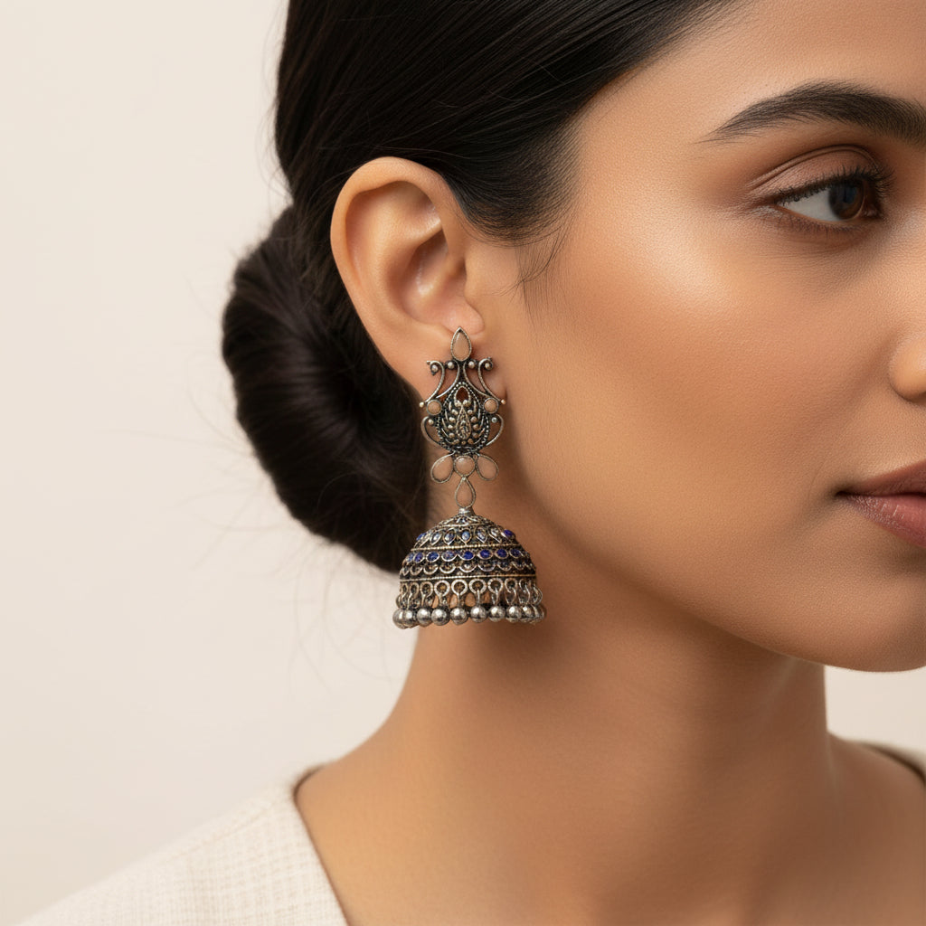 Kalash Kamal Jhumka earring (Light Orange)&Sports Bike Shaped Golden Polished Oxidised Danglers Combo set