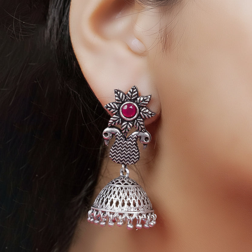 Fearless feathers jhumki earrings (Red)