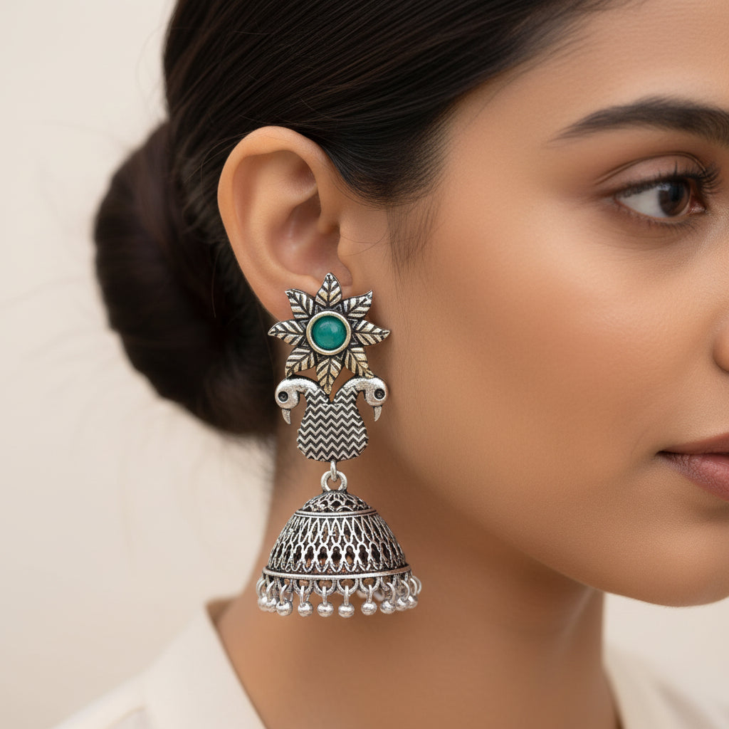 Fearless feathers jhumki earrings (Green)