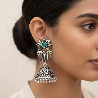 Fearless feathers jhumki earrings (Green)