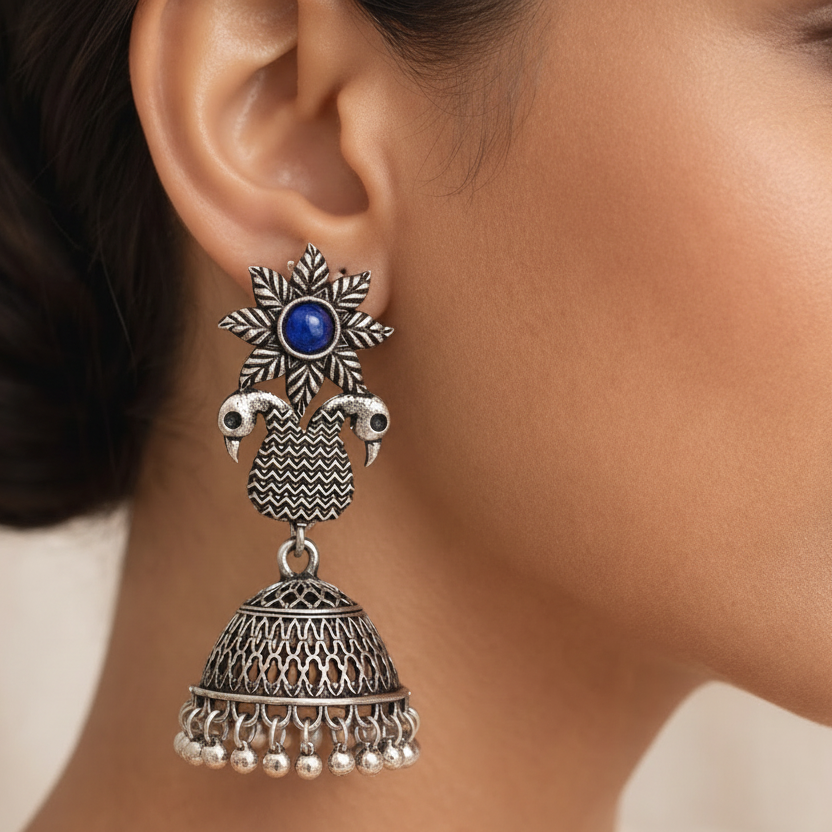 Fearless feathers jhumki earrings (Blue)