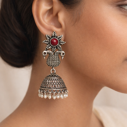 Fearless feathers jhumki earrings (Dark Maroon)