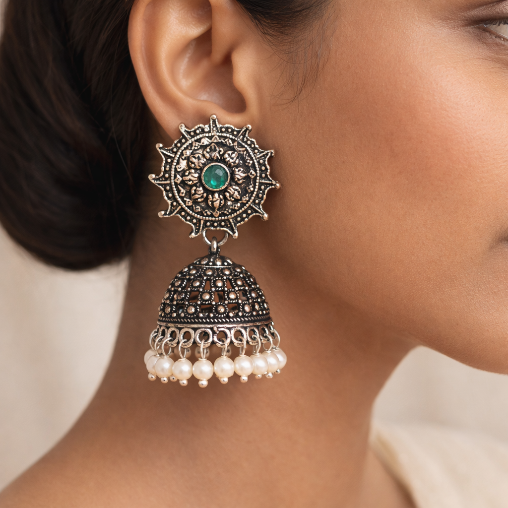 Sooraj radiance pearl jhumki earring (Green)