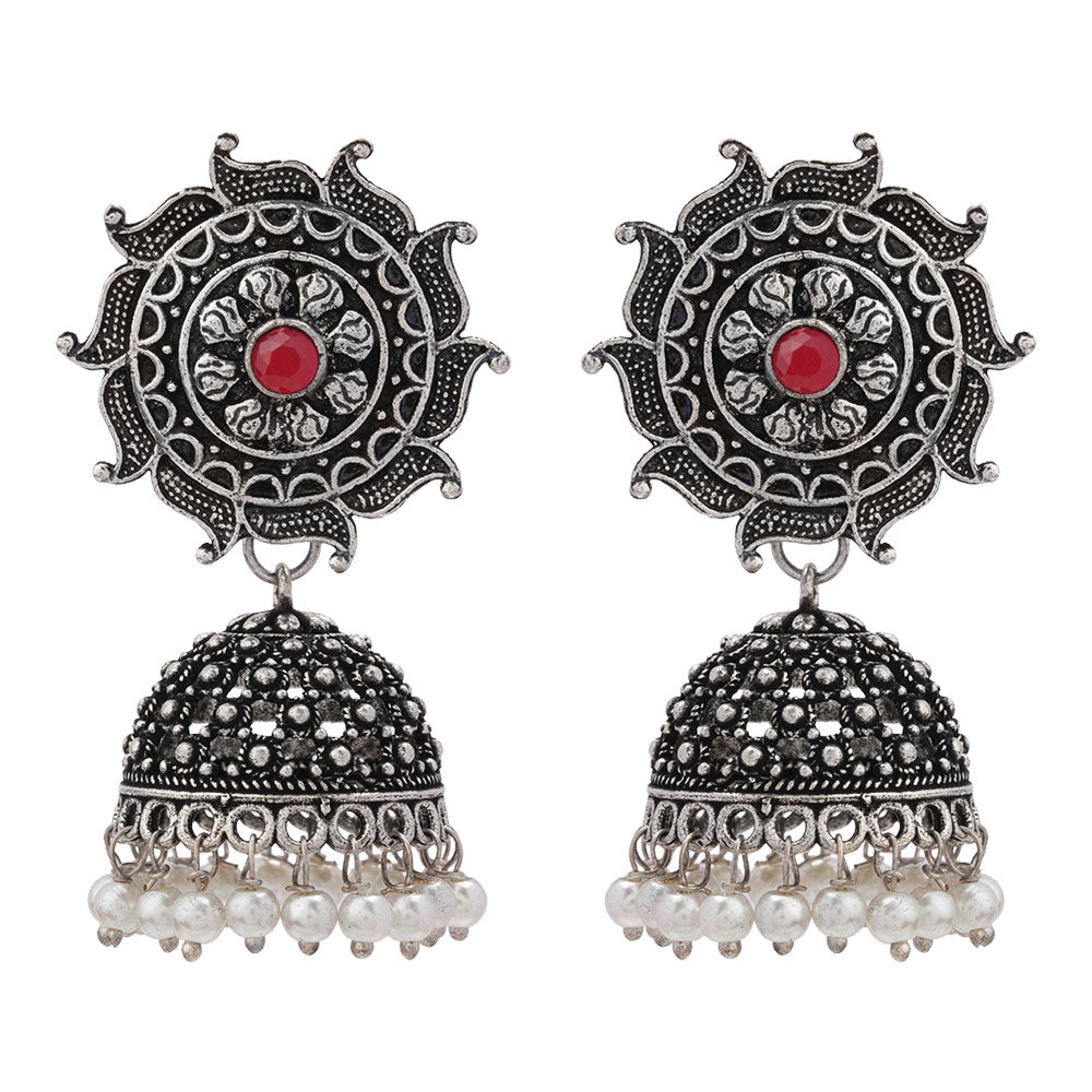 Sooraj radiance pearl jhumki earring (Dark Red)