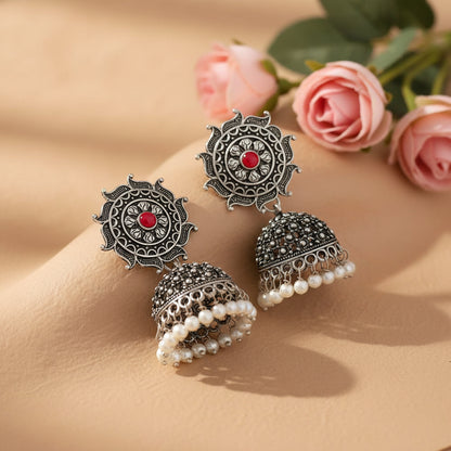Sooraj radiance pearl jhumki earring (Dark Red)
