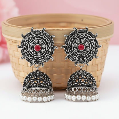 Sooraj radiance pearl jhumki earring (Dark Red)