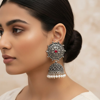 Sooraj radiance pearl jhumki earring (Dark Red)