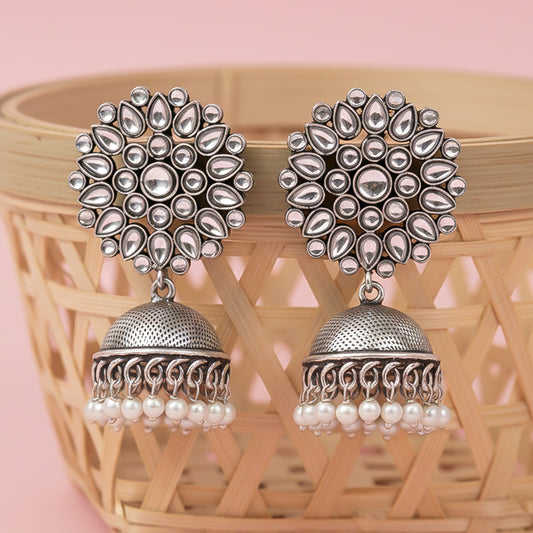 Floral carves stone studded jhumki earrings (White)