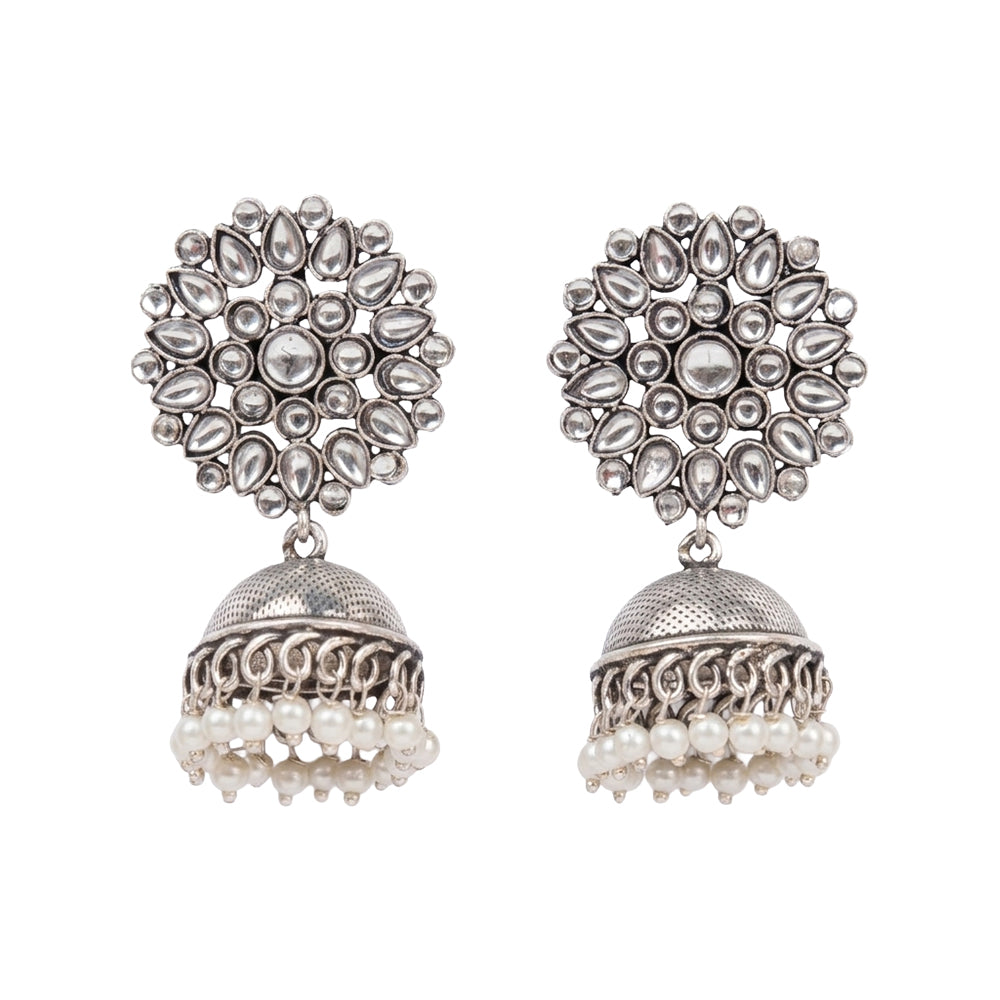 Floral carves stone studded jhumki earrings (White)