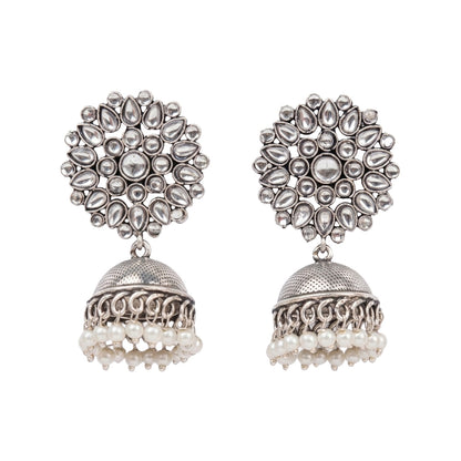 Floral carves stone studded jhumki earrings (White)