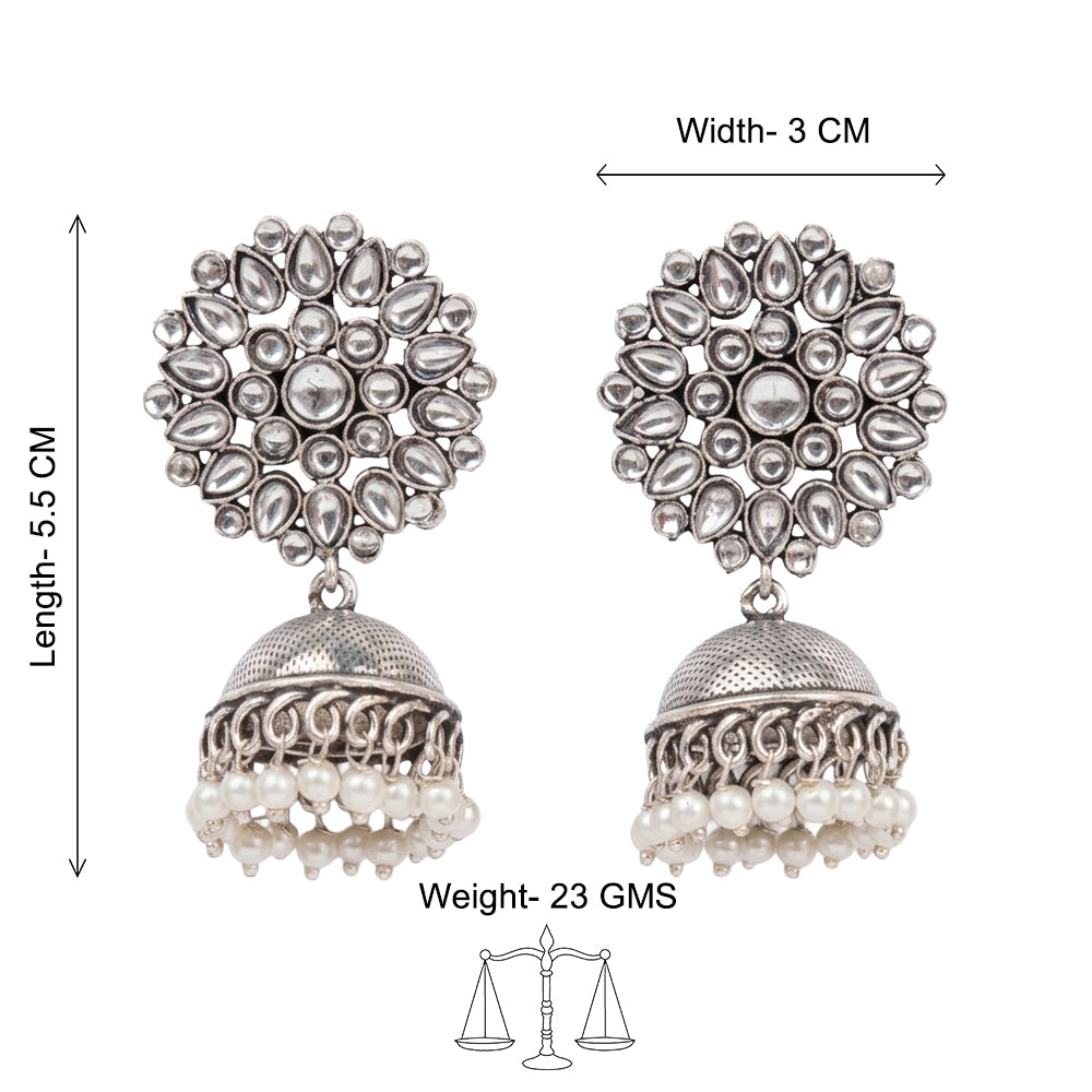 Floral carves stone studded jhumki earrings (White)
