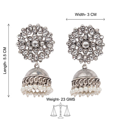 Floral carves stone studded jhumki earrings (White)