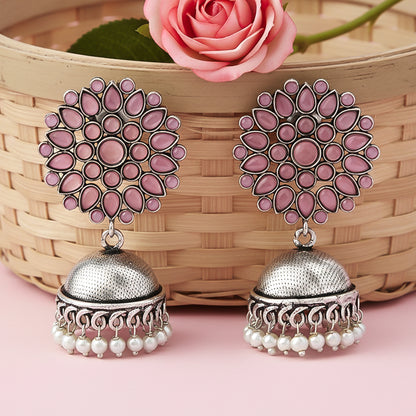 Floral carves stone studded jhumki earrings (Baby Pink)