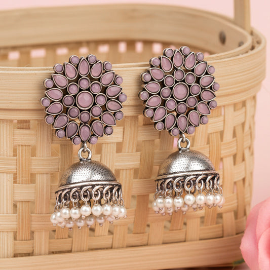 Floral carves stone studded jhumki earrings (Baby Pink)