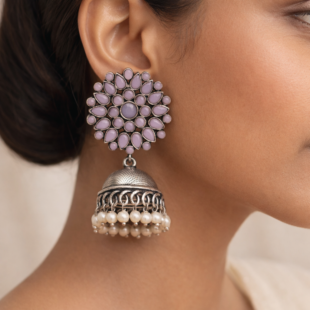 Floral carves stone studded jhumki earrings (Baby Pink)