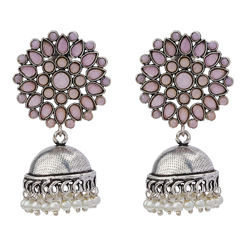 Floral carves stone studded jhumki earrings (Baby Pink)