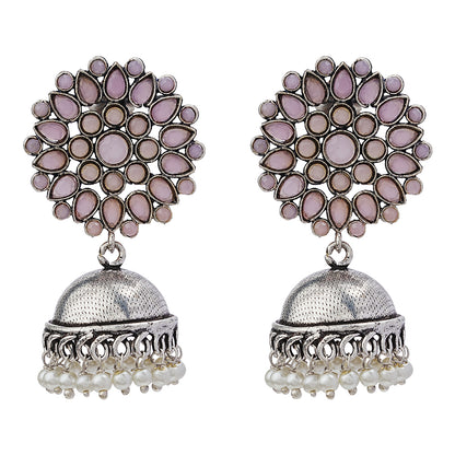 Floral carves stone studded jhumki earrings (Baby Pink)