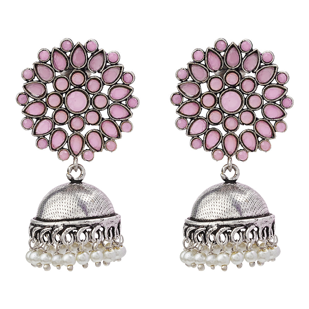 Floral carves stone studded jhumki earrings (Baby Pink)