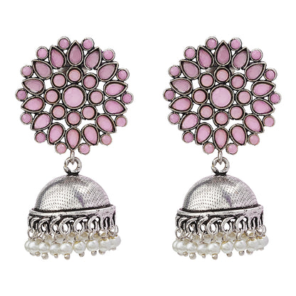 Floral carves stone studded jhumki earrings (Baby Pink)