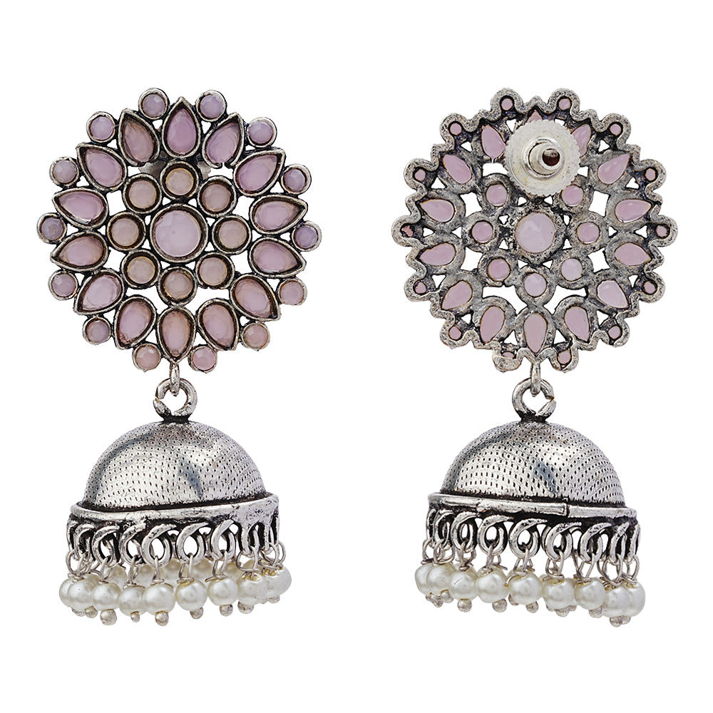 Floral carves stone studded jhumki earrings (Baby Pink)