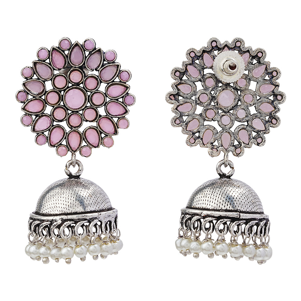Floral carves stone studded jhumki earrings (Baby Pink)
