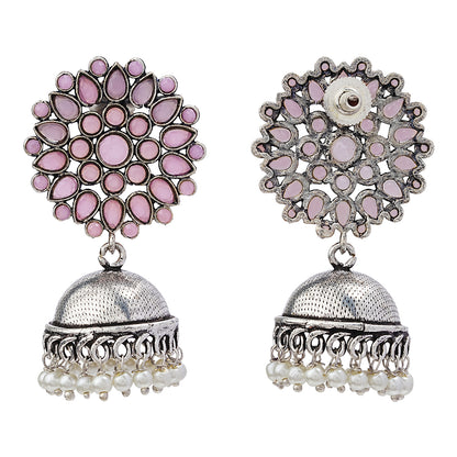 Floral carves stone studded jhumki earrings (Baby Pink)