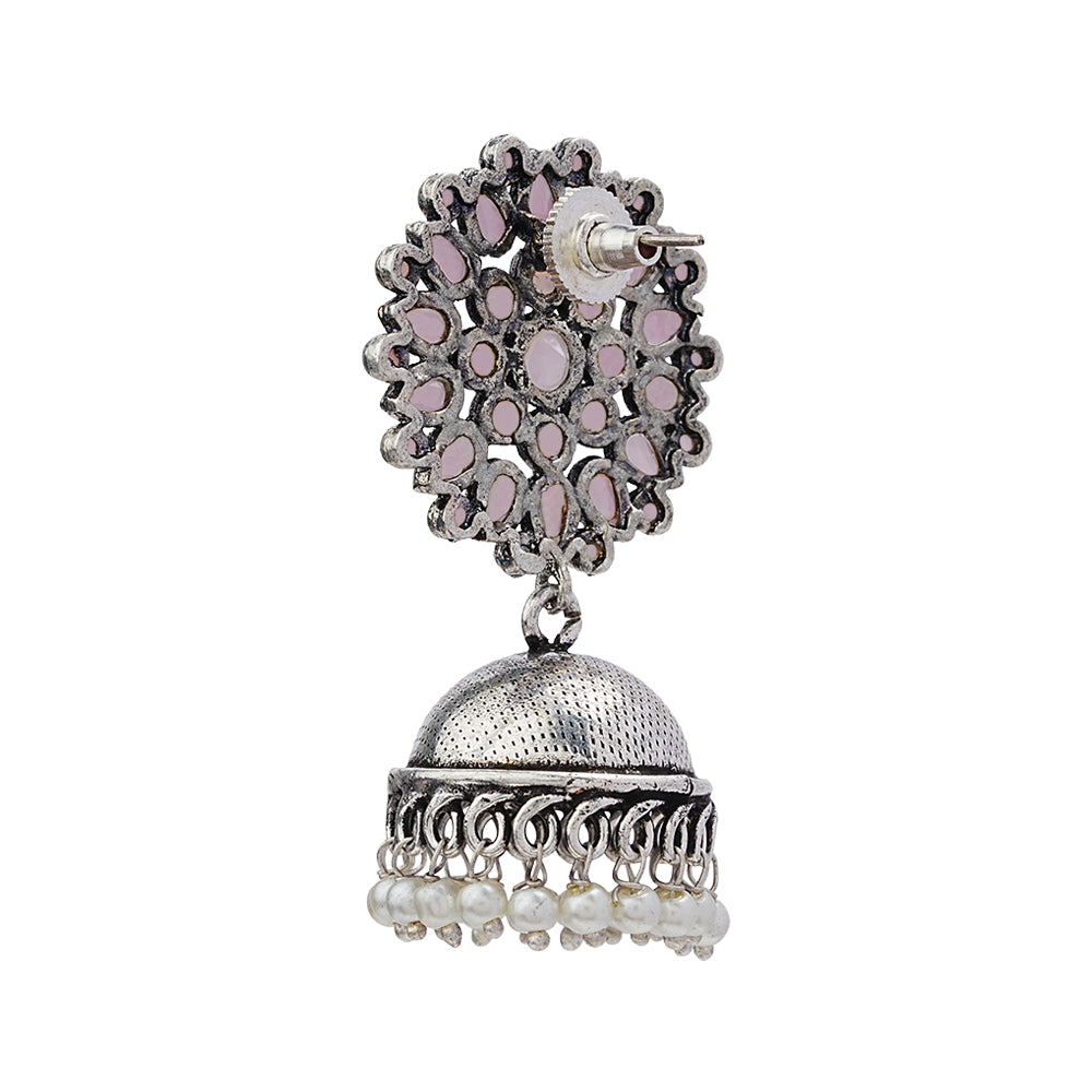 Floral carves stone studded jhumki earrings (Baby Pink)