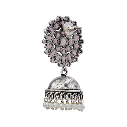 Floral carves stone studded jhumki earrings (Baby Pink)