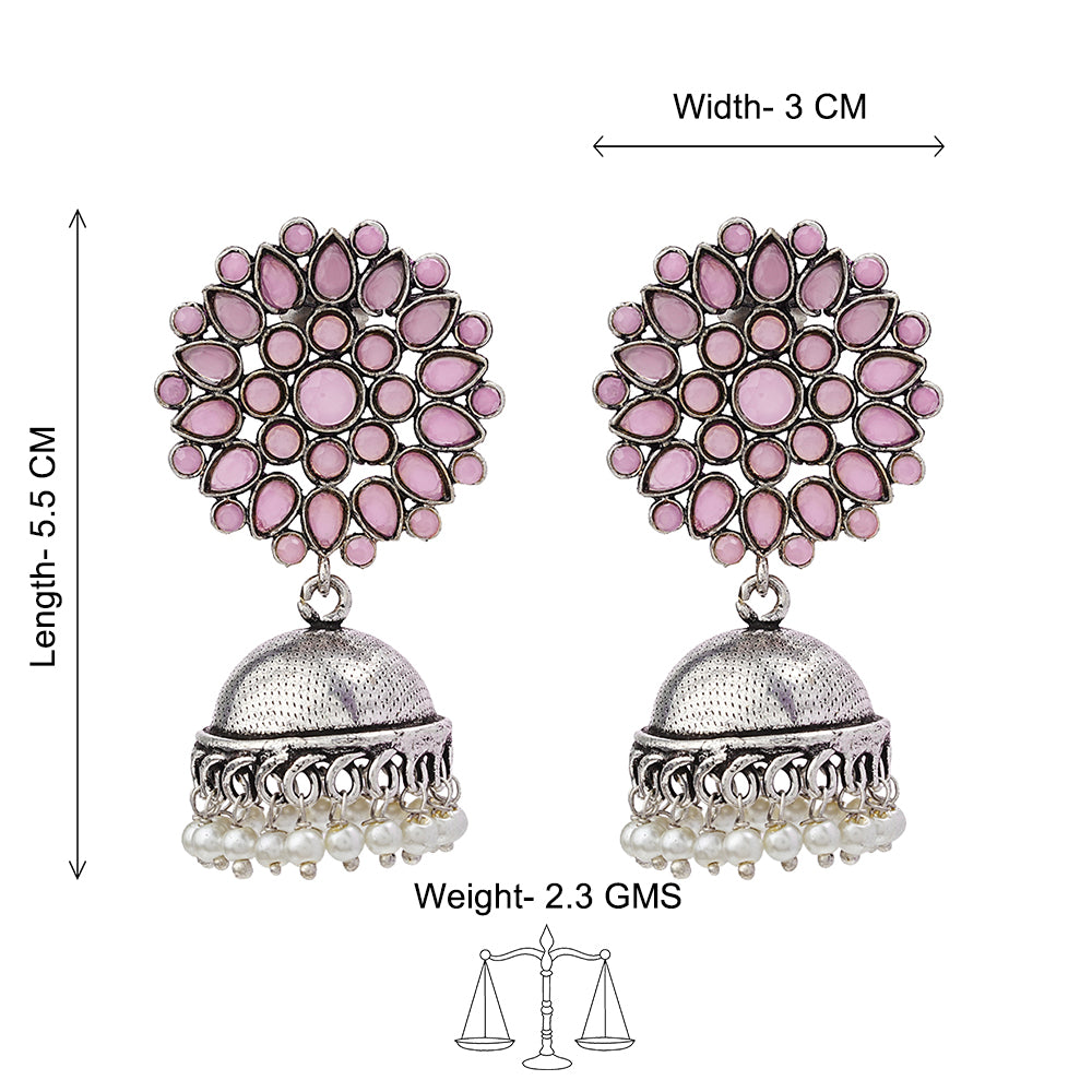 Floral carves stone studded jhumki earrings (Baby Pink)
