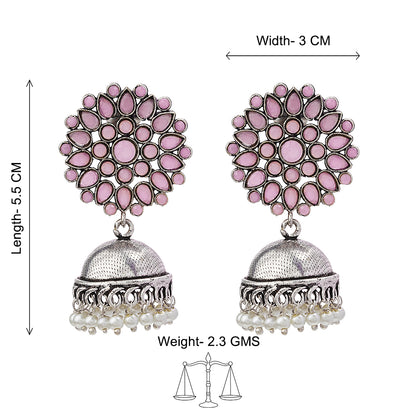 Floral carves stone studded jhumki earrings (Baby Pink)
