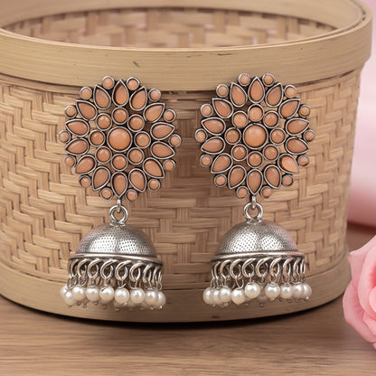 Floral carves stone studded jhumki earrings (Light Orange)