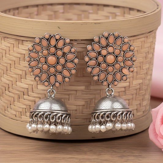 Floral carves stone studded jhumki earrings (Light Orange)