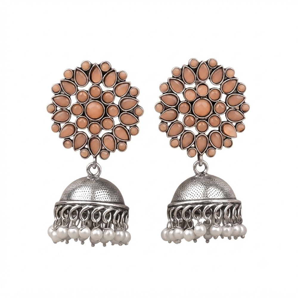 Floral carves stone studded jhumki earrings (Light Orange)