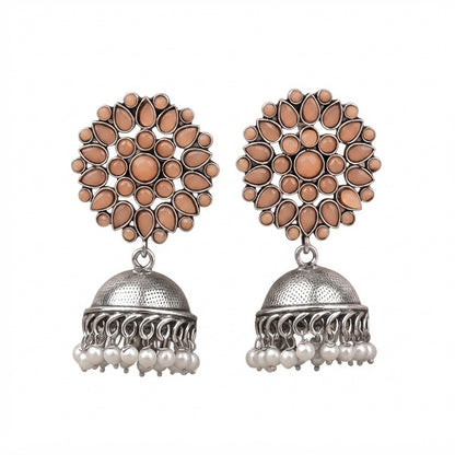 Floral carves stone studded jhumki earrings (Light Orange)