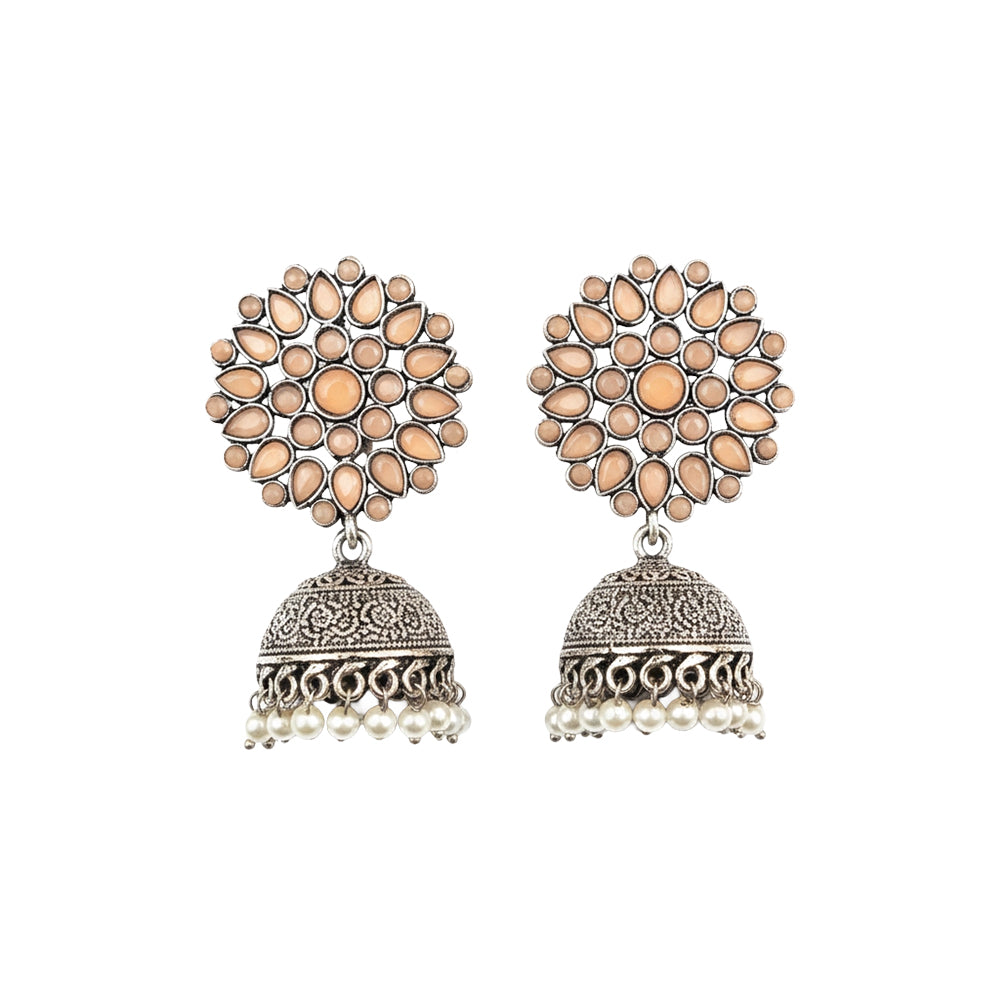 Floral carves stone studded jhumki earrings (Light Orange)