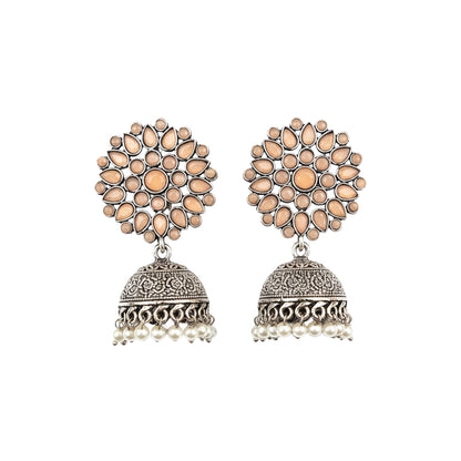 Floral carves stone studded jhumki earrings (Light Orange)