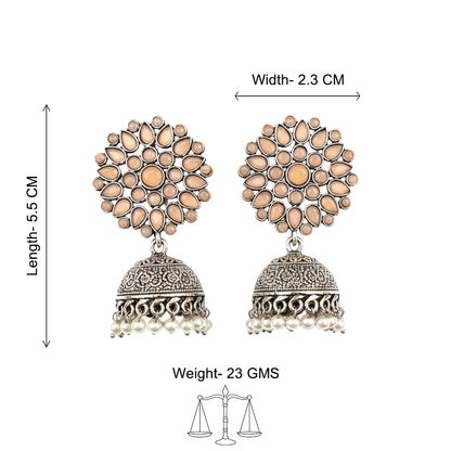 Floral carves stone studded jhumki earrings (Light Orange)