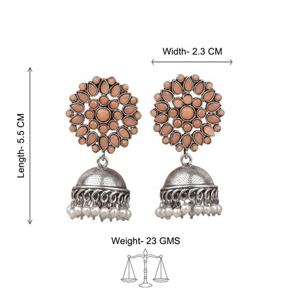 Floral carves stone studded jhumki earrings (Light Orange)
