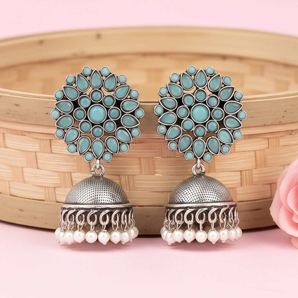 Floral carves stone studded jhumki earrings (Mint)